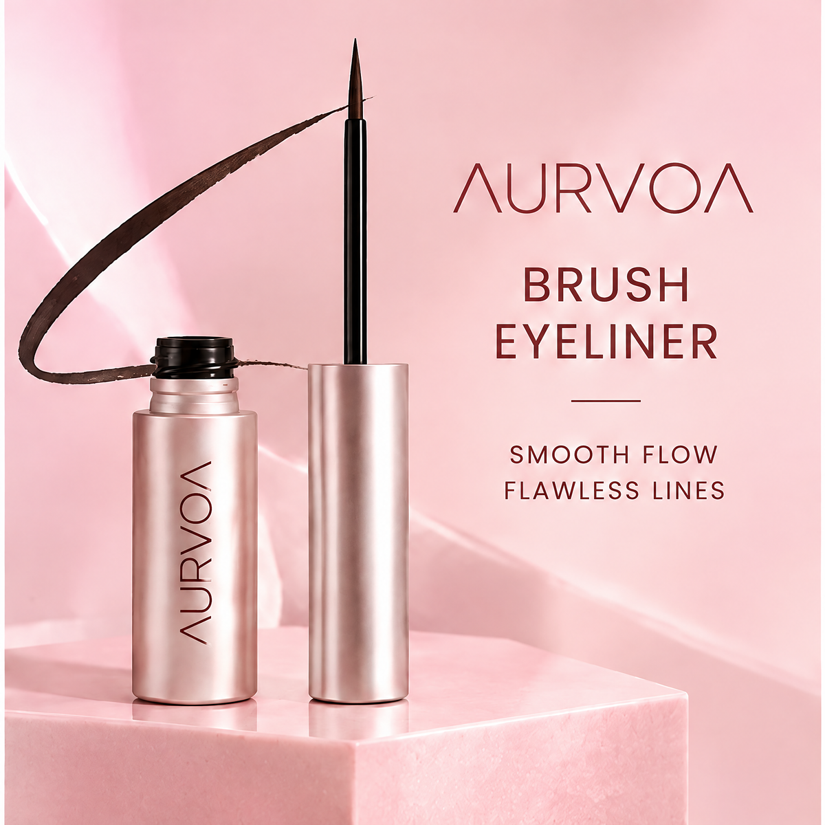 AURVOA Brush Eyeliner - smooth flow flawless lines rose gold bottle open cap standing pink silk background