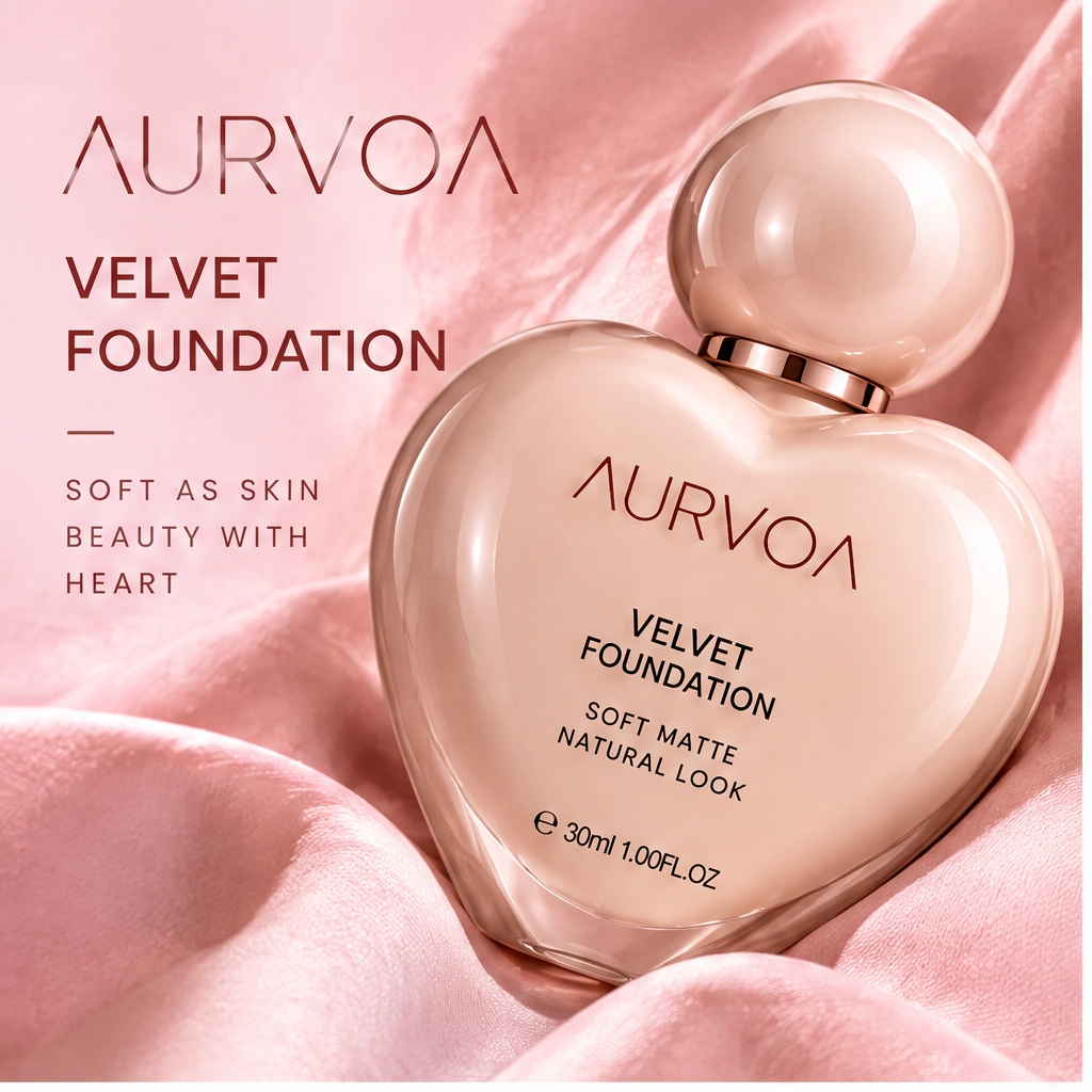 AURVOA Velvet Foundation - soft as skin beauty with heart heart-shaped bottle on pink silk
