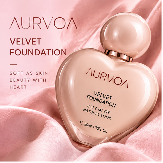 AURVOA Velvet Foundation - soft as skin beauty with heart heart-shaped bottle on pink silk