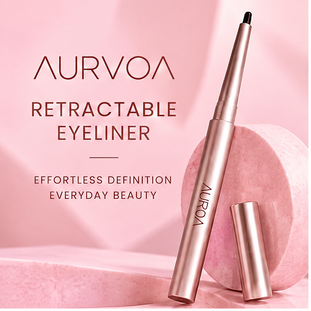 AURVOA Retractable Eyeliner - effortless definition everyday beauty rose gold retractable pen on pink stone
