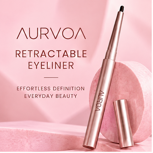 AURVOA Retractable Eyeliner - effortless definition everyday beauty rose gold retractable pen on pink stone