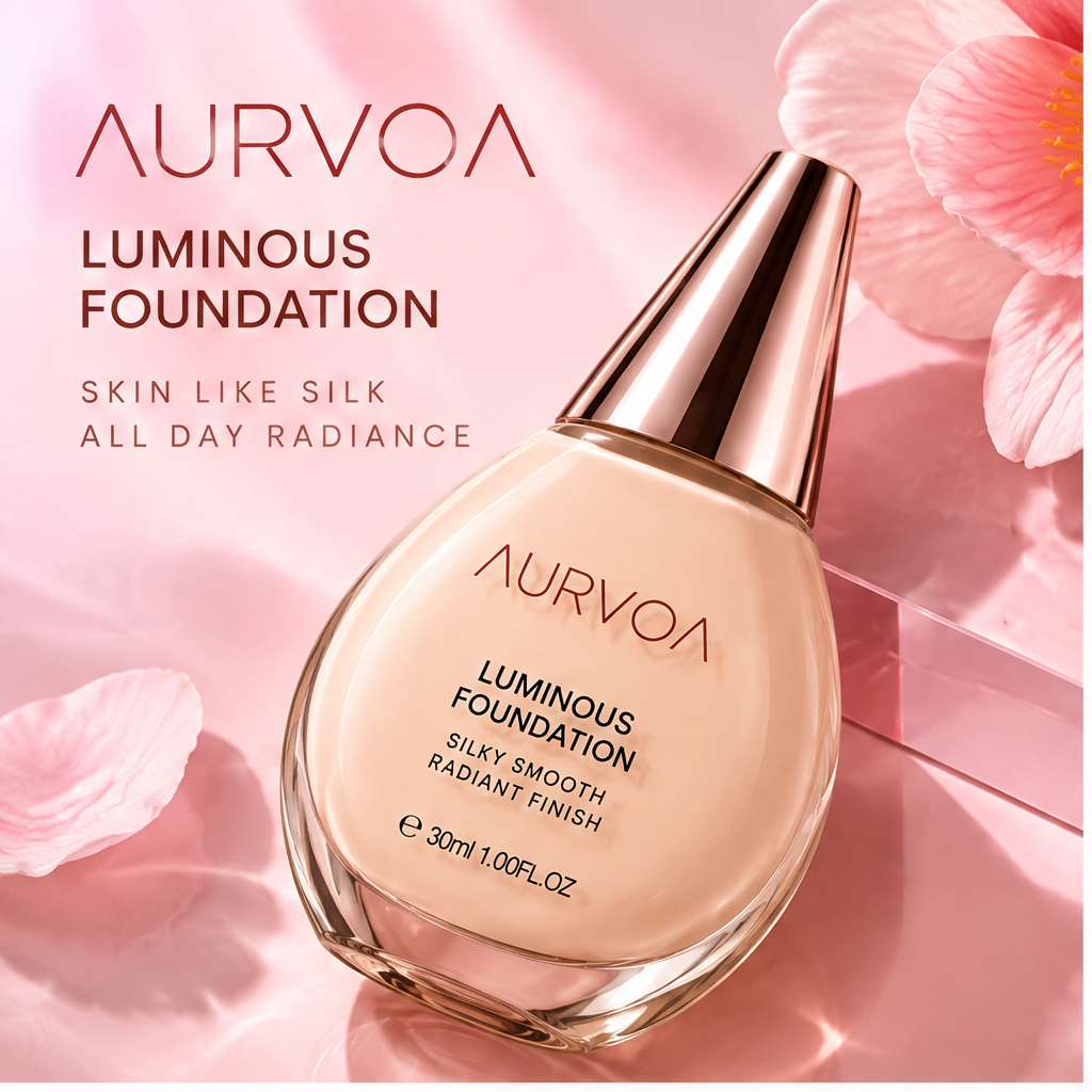 AURVOA Luminous Foundation - skin like silk all day radiance silky smooth radiant finish 30ml rose gold teardrop bottle on pink platform
