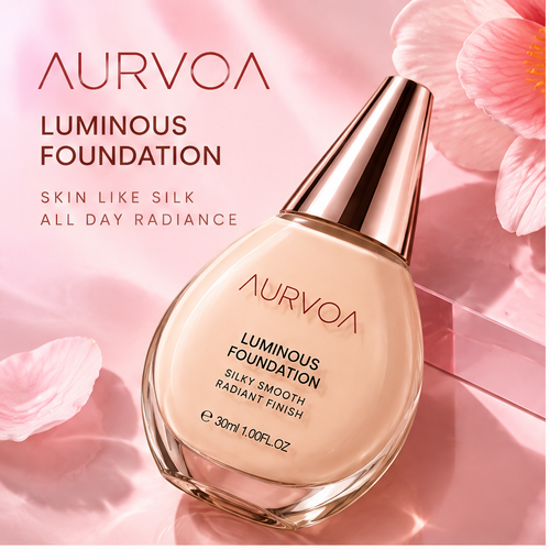 AURVOA Luminous Foundation - skin like silk all day radiance silky smooth radiant finish 30ml rose gold teardrop bottle on pink platform