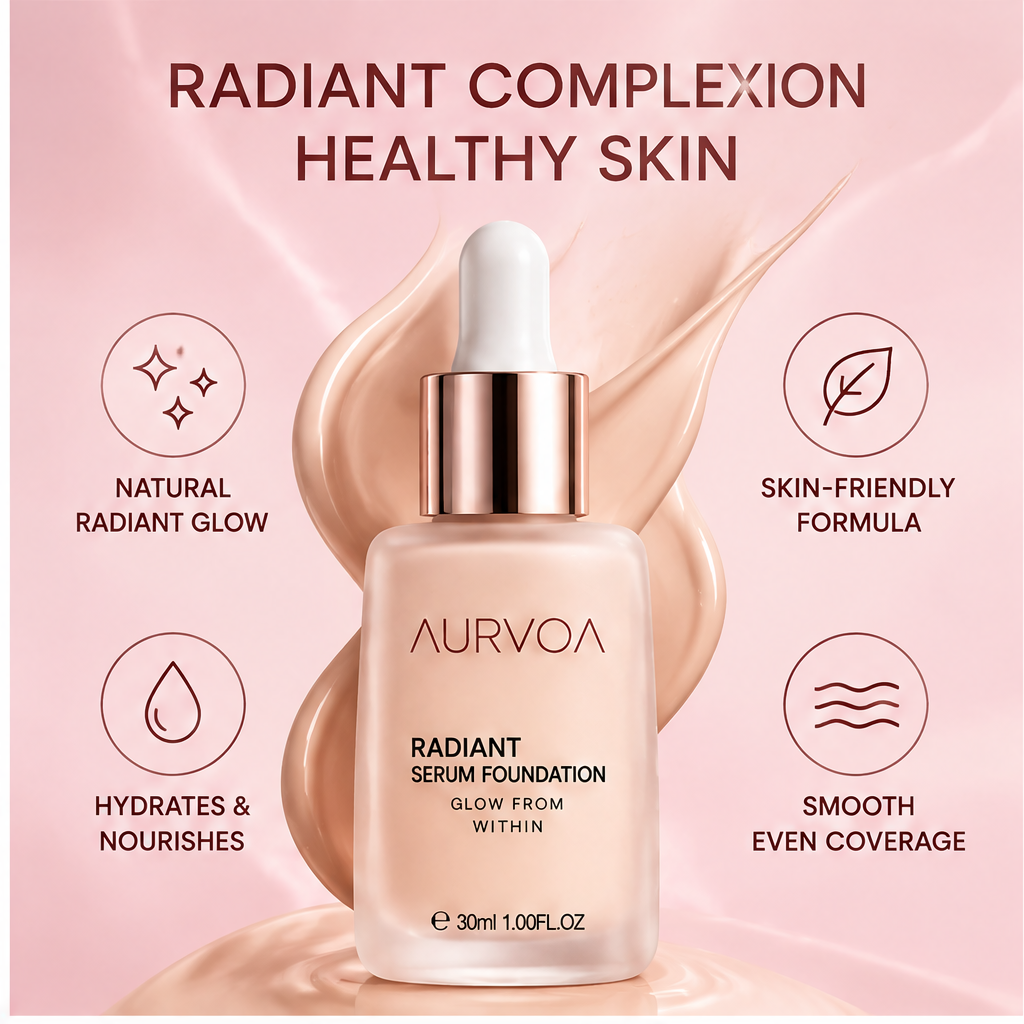 AURVOA Radiant Serum Foundation - radiant complexion healthy skin natural radiant glow hydrates nourishes skin-friendly smooth even coverage