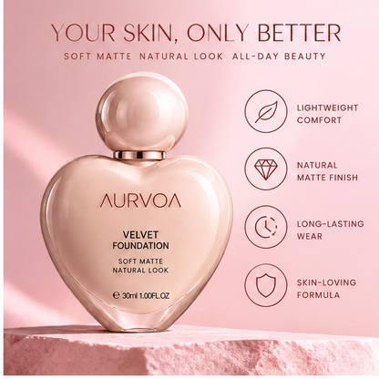 AURVOA Velvet Foundation - your skin only better soft matte natural look all-day beauty lightweight comfort natural matte finish long-lasting skin-loving