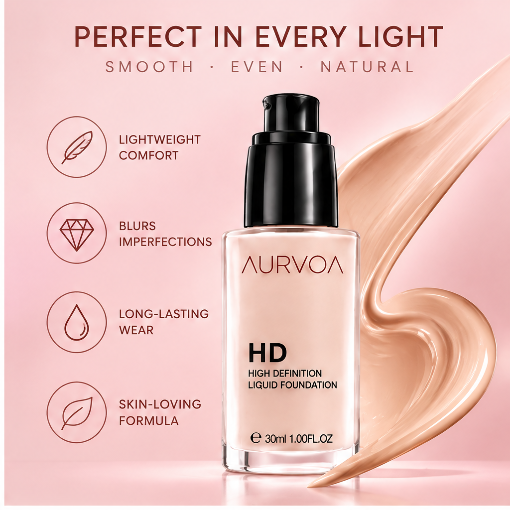 AURVOA HD Liquid Foundation - perfect in every light smooth even natural lightweight blurs imperfections long-lasting