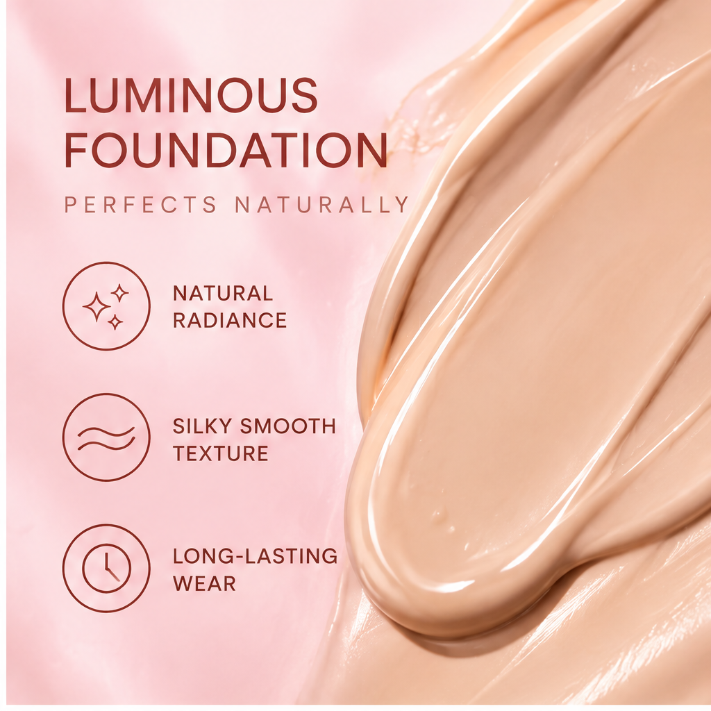 AURVOA Luminous Foundation - skin like silk all day radiance rose gold teardrop bottle with cherry blossom petals pink background
