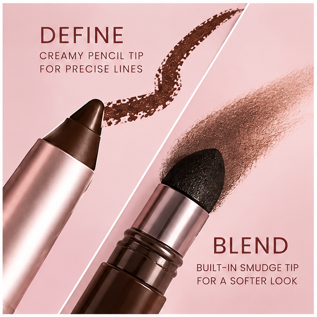 AURVOA Dual-Ended Eyeliner - define creamy pencil tip for precise lines blend built-in smudge tip for softer look both ends close-up with swatches