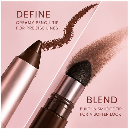 AURVOA Dual-Ended Eyeliner - define creamy pencil tip for precise lines blend built-in smudge tip for softer look both ends close-up with swatches