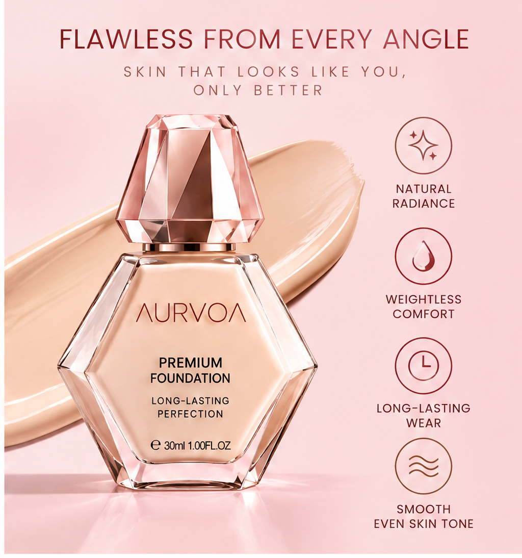 AURVOA Premium Foundation - flawless from every angle natural radiance weightless comfort long-lasting smooth even skin tone