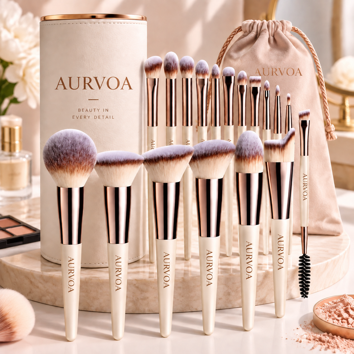 AURVOA PerfectBlend Pro Brush Set - Full Collection with Luxury Storage Cylinder and Velvet Bag