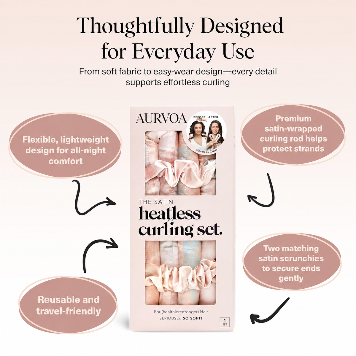 AURVOA Satin Heatless Curling Set - Thoughtfully Designed for Everyday Use