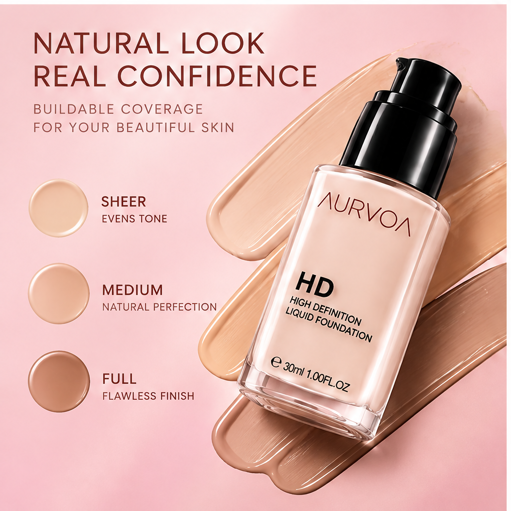 AURVOA HD Liquid Foundation - natural look real confidence buildable coverage sheer medium full