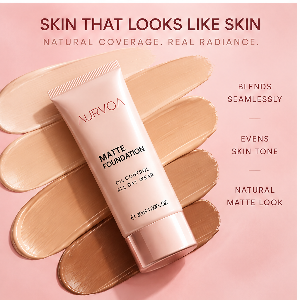 AURVOA Matte Foundation - skin that looks like skin blends seamlessly evens skin tone natural matte look multi-shade swatches