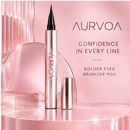 AURVOA Liquid Eyeliner - confidence in every line bolder eyes brighter you rose gold pen on pedestal
