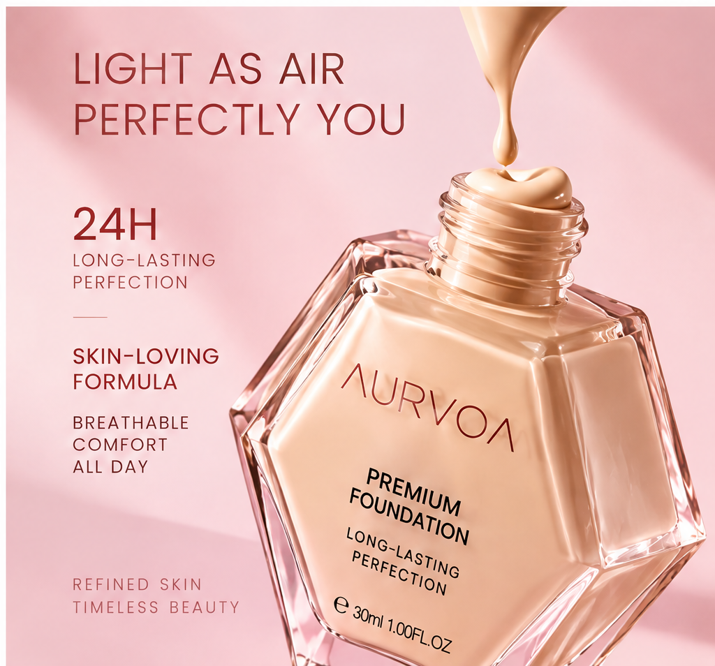 AURVOA Premium Foundation - light as air perfectly you 24h long-lasting skin-loving formula breathable comfort all day