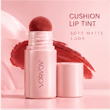 AURVOA Cushion Lip Tint - product and cap with berry swatch