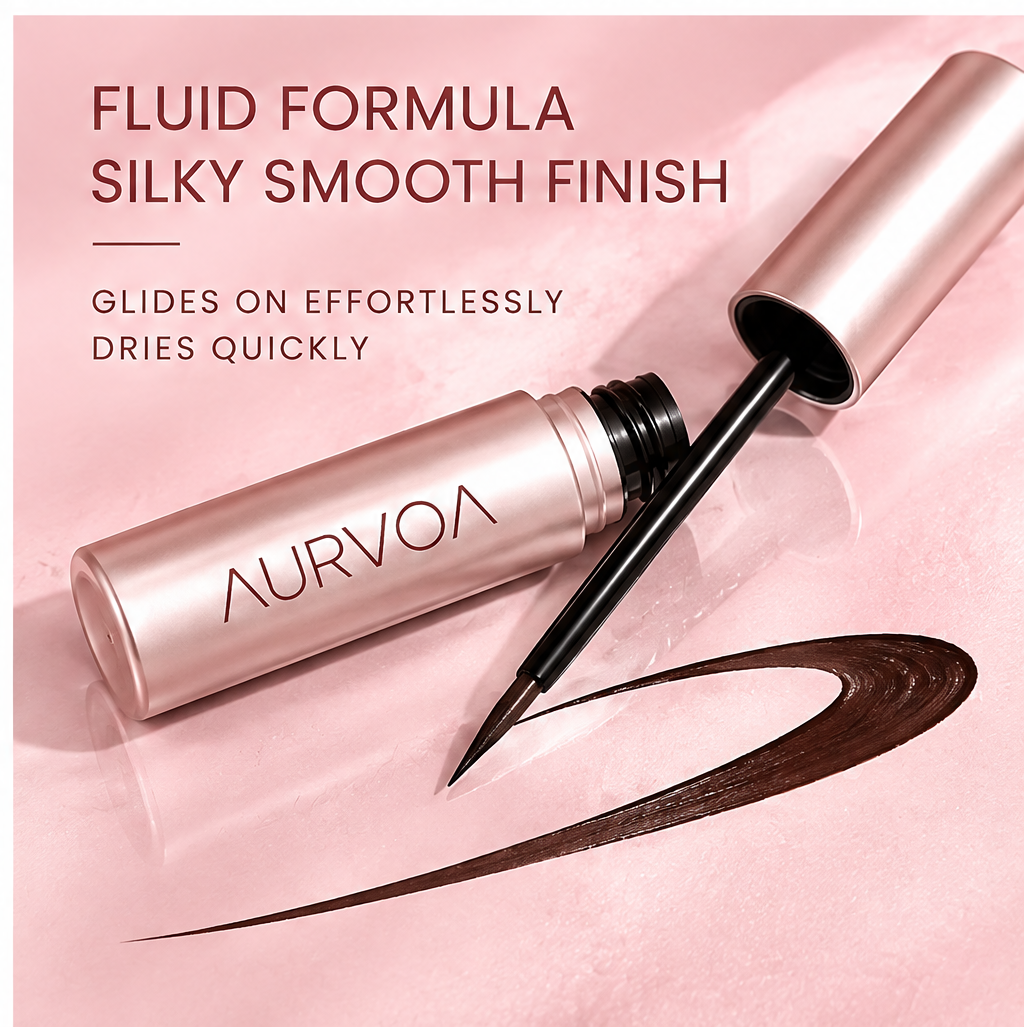 AURVOA Brush Eyeliner - fluid formula silky smooth finish glides on effortlessly dries quickly rose gold bottle laying with brown swatch