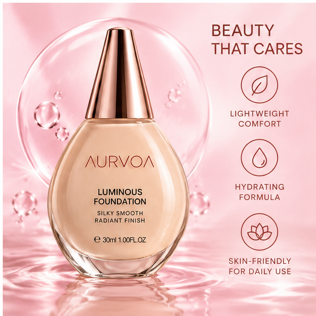 AURVOA Luminous Foundation - skin like silk all day radiance 92% agree skin looks brighter 94% feel smoother 90% see more natural glow face model close-up