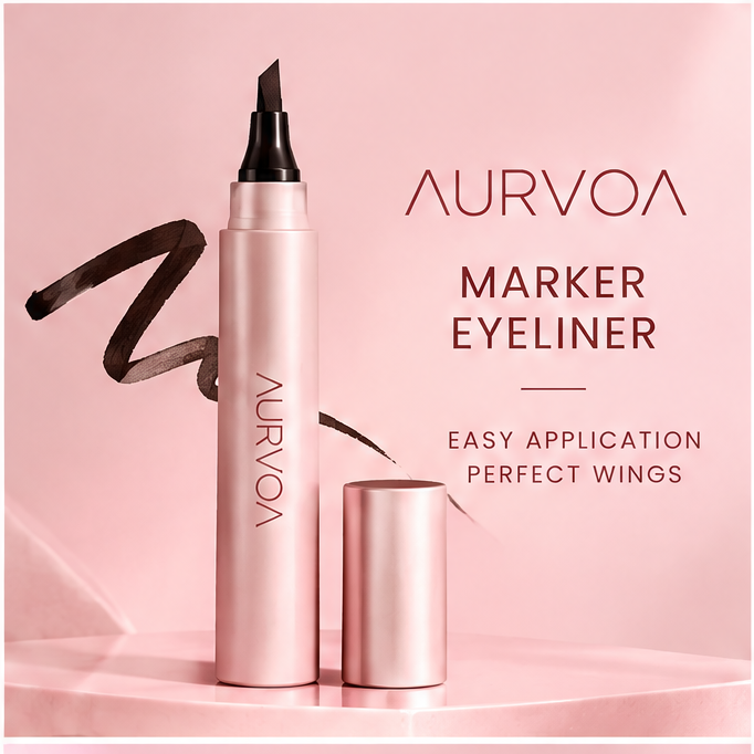 AURVOA Marker Eyeliner - easy application perfect wings rose gold marker pen standing with cap off black swatch