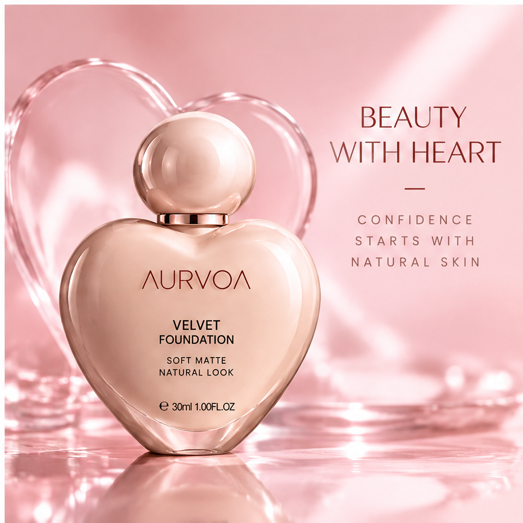 AURVOA Velvet Foundation - beauty with heart confidence starts with natural skin heart bottle glitter background