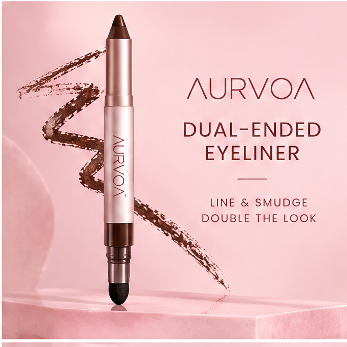 AURVOA Dual-Ended Eyeliner - line and smudge double the look dual-ended pen standing with brown swatches