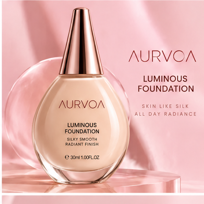AURVOA Luminous Foundation - beauty that cares lightweight comfort hydrating formula skin-friendly for daily use rose gold bottle water droplets background