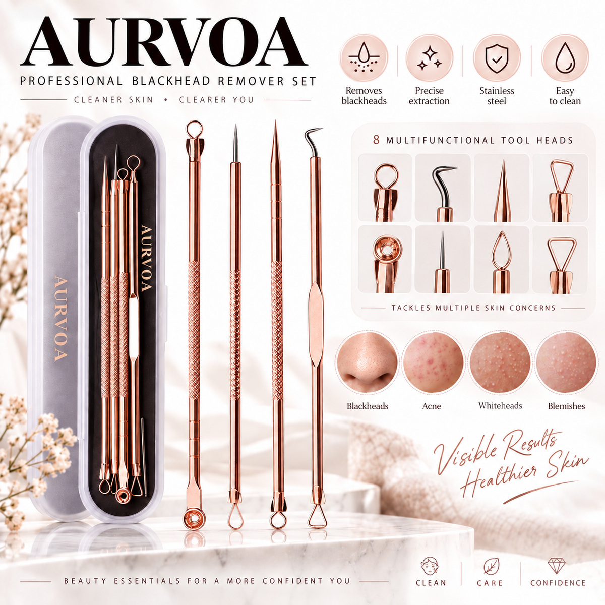 AURVOA ClearSkin Professional Blackhead Remover Set - 8 Multifunctional Tool Heads with Travel Case