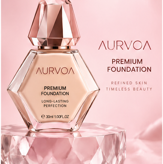 AURVOA Premium Foundation - refined skin timeless beauty diamond hexagonal bottle side view