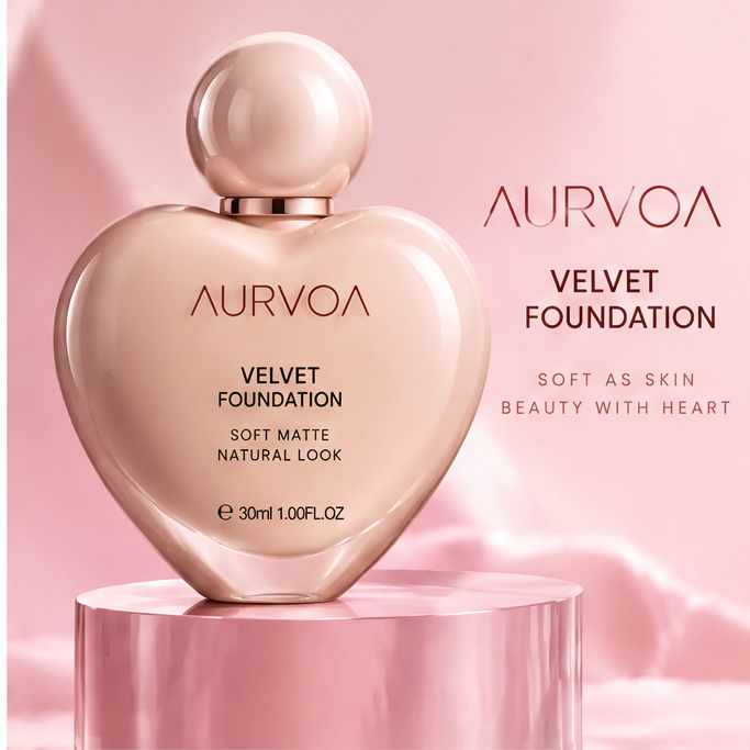AURVOA Velvet Foundation - soft as skin beauty with heart soft matte natural look 30ml heart bottle on pedestal