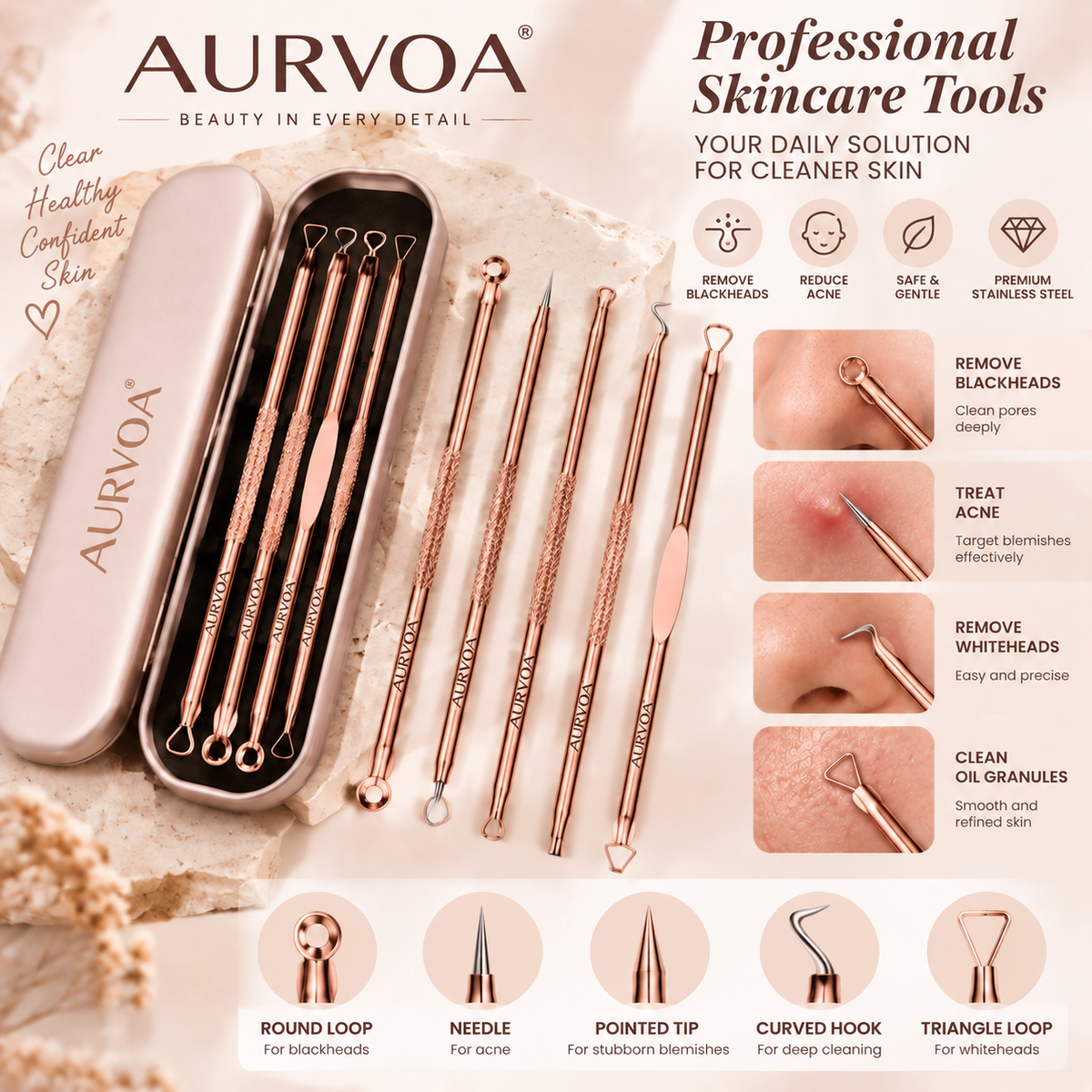 AURVOA ClearSkin Professional Skincare Tools - Remove Blackheads, Acne, Whiteheads and Oil Granules