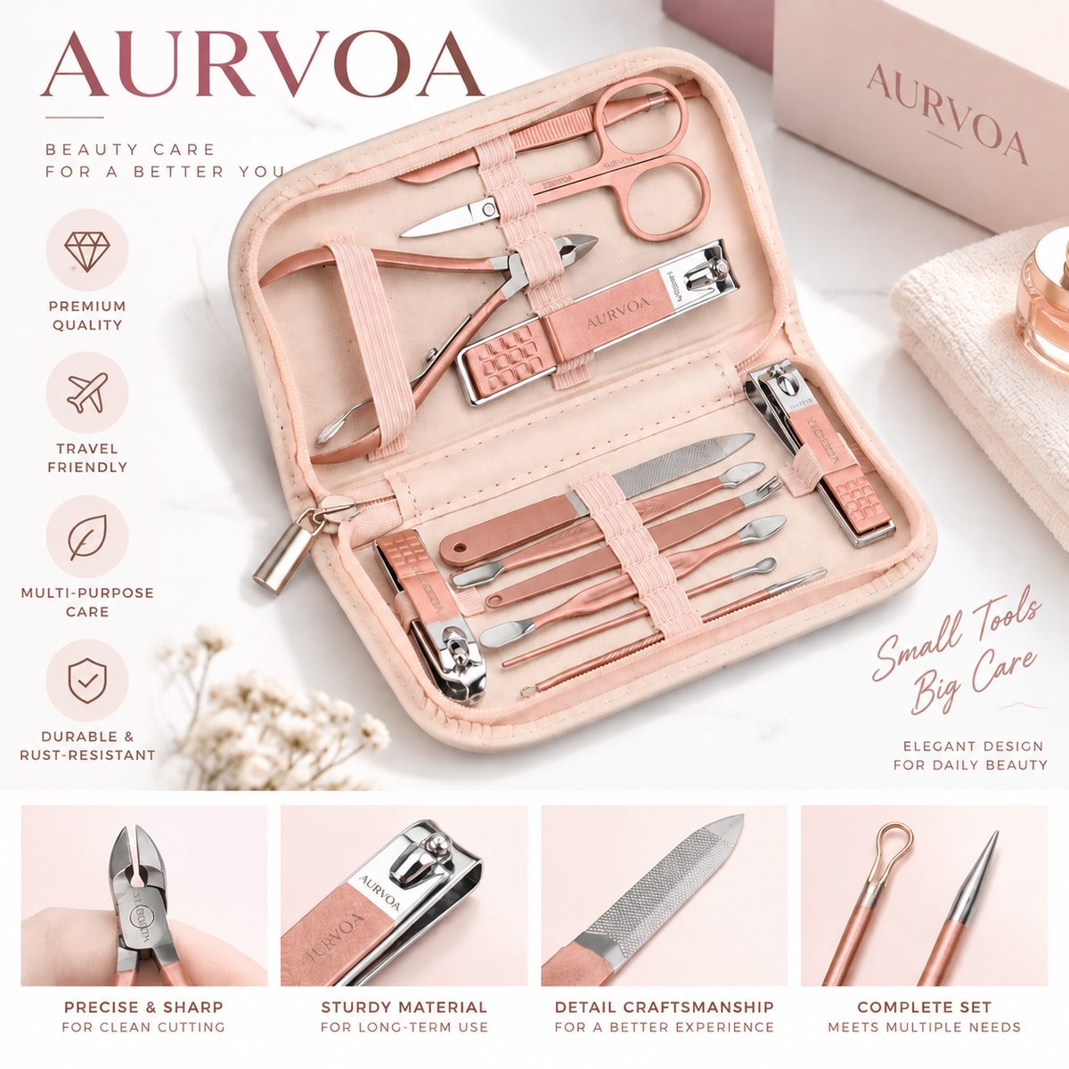 AURVOA NailCare Pro Set - Premium Quality Stainless Steel, Travel Friendly, Multi-Purpose Care