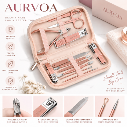 AURVOA NailCare Pro Set - Premium Quality Stainless Steel, Travel Friendly, Multi-Purpose Care