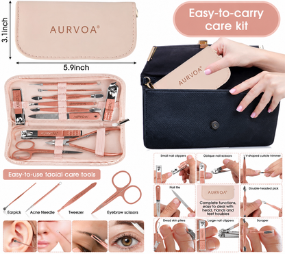 AURVOA NailCare Pro Set - Complete Manicure Pedicure Tools with PU Leather Travel Case
