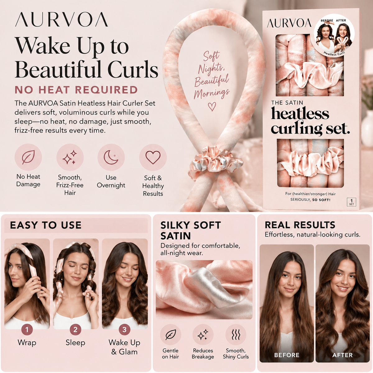 AURVOA Satin Heatless Curling Set - Wake Up to Beautiful Curls, No Heat Required