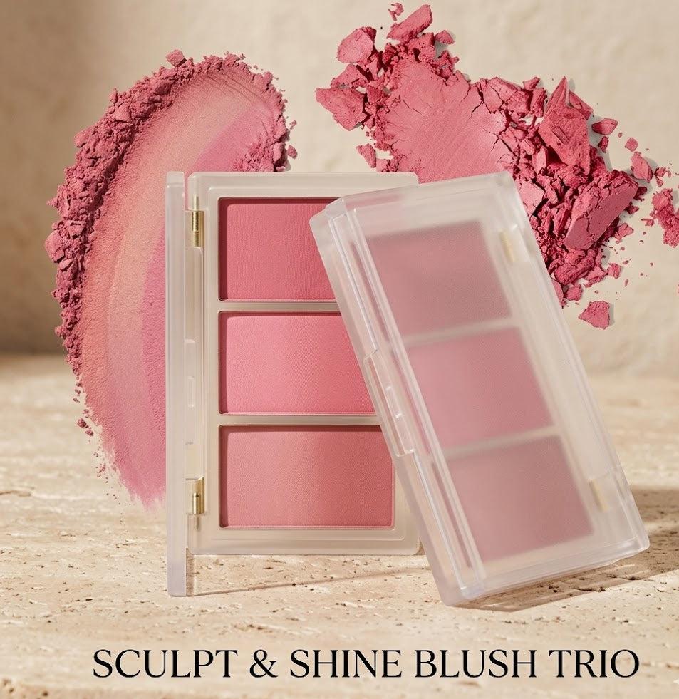 AURVOA Sculpt and Shine Blush Trio - Three Shades Pink Powder Blush with Pigment Swatch