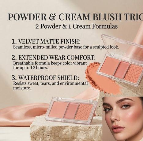 AURVOA Blush Trio - Velvet Matte Finish Extended Wear Waterproof Shield 2 Powder 1 Cream Formula