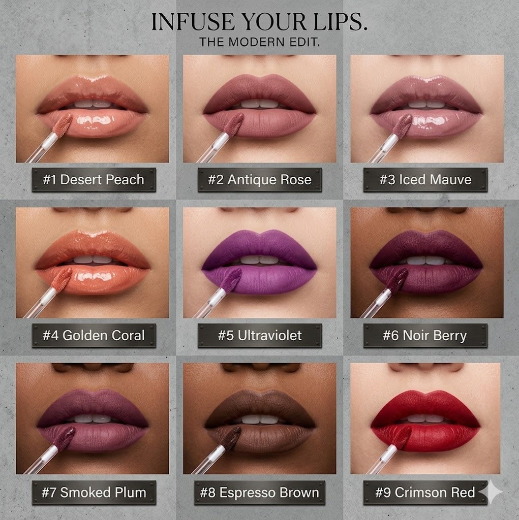 AURVOA Pod Lip Tint 9 Shades Color Chart Desert Peach Antique Rose Crimson Red