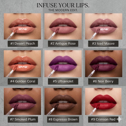 AURVOA Pod Lip Tint 9 Shades Color Chart Desert Peach Antique Rose Crimson Red