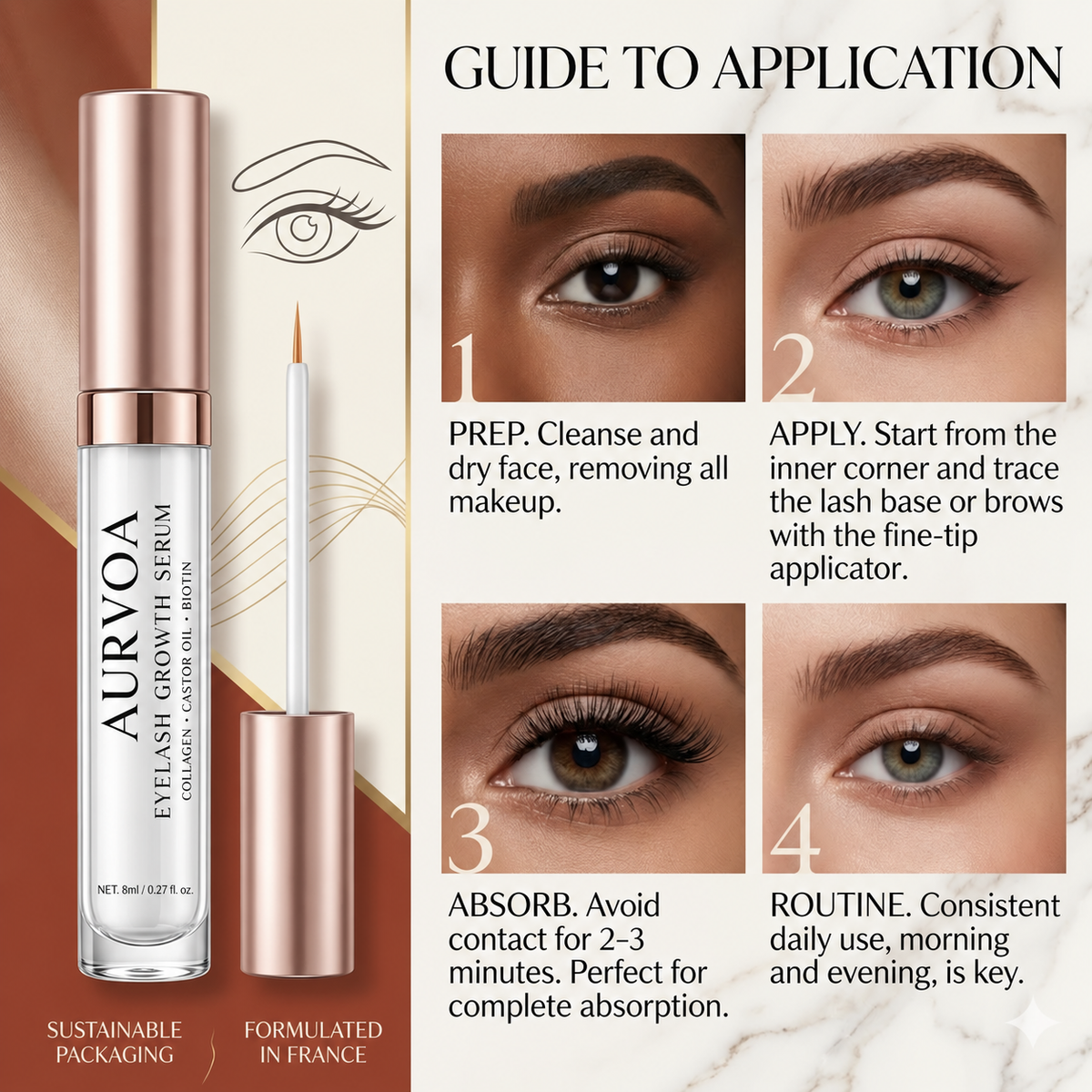 AURVOA Eyelash Growth Serum - Guide to Application, 4 Steps, Collagen Castor Oil Biotin